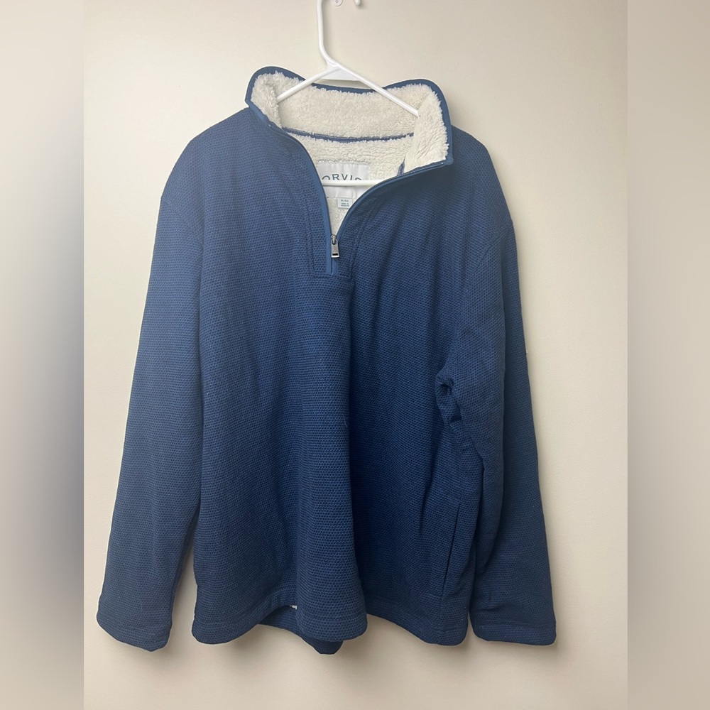 Orvis Jumper Pullover Mens Size XL Blue Fleece Lined 1/4 Zip Top Pockets Casual